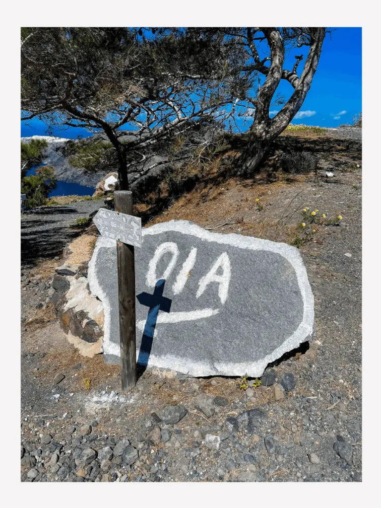 Oia sign on hike from Fira