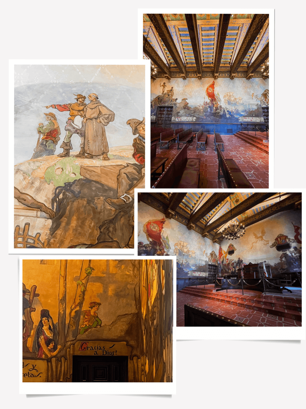 The historic Mural Room in the Santa Barbara Courthouse, featuring elaborate murals, one with Robin Hood, Peter Pan and dark wooden beams.