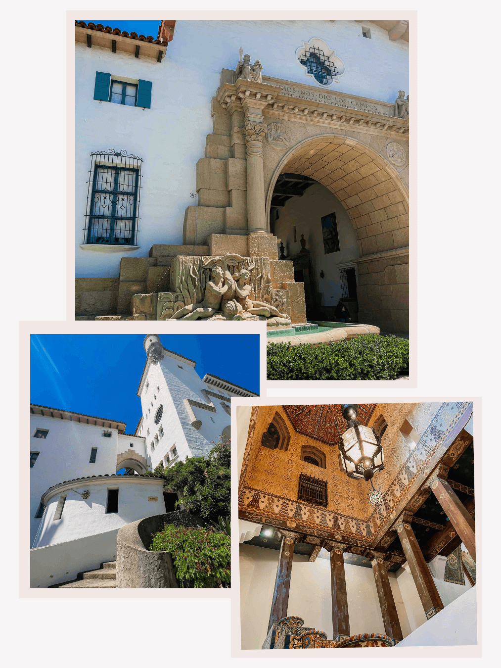 Santa Barbara Courthouse’s grand exterior with its distinctive arched entryway, bathed in sunlight on a clear day - collage