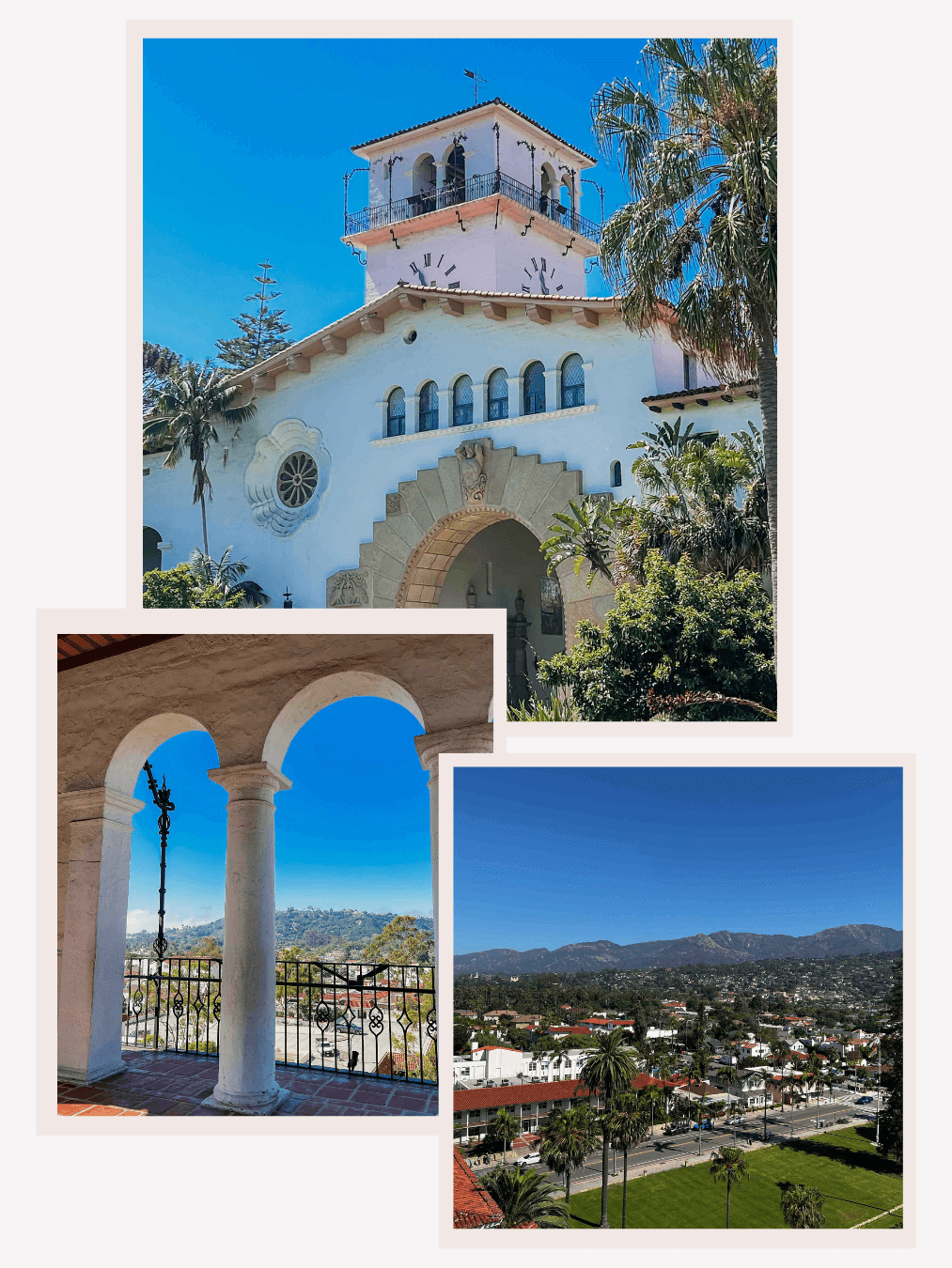 The exterior of the clock tower at the Santa Barbara Courthouse, standing tall under a bright blue sky, with its intricate Spanish Colonial design and red-tiled roof illuminated by the sunlight.