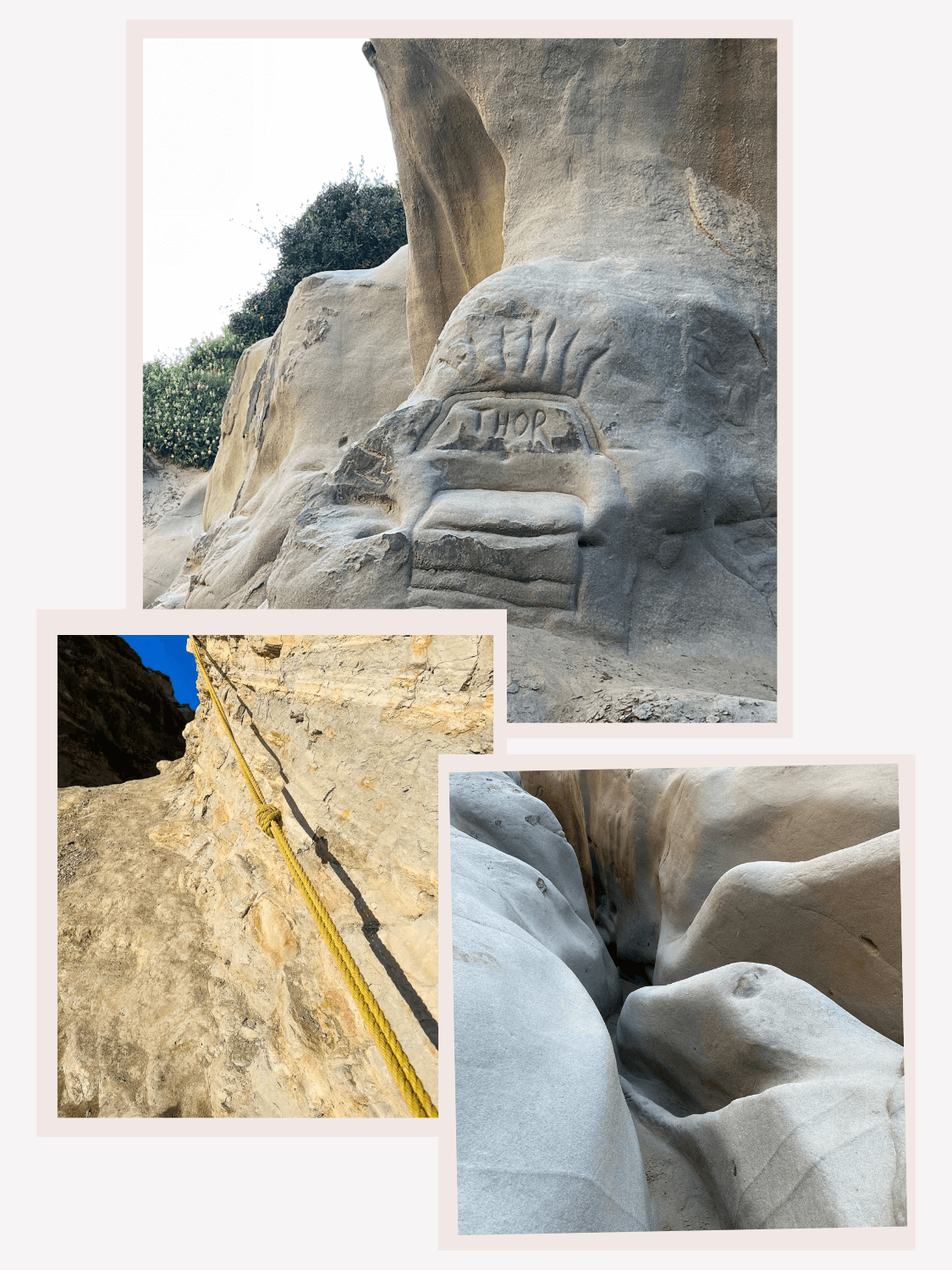 Rugged sandstone formations along the Ho Chi Minh Trail La Jolla Slot Canyon under a clear blue sky - collage