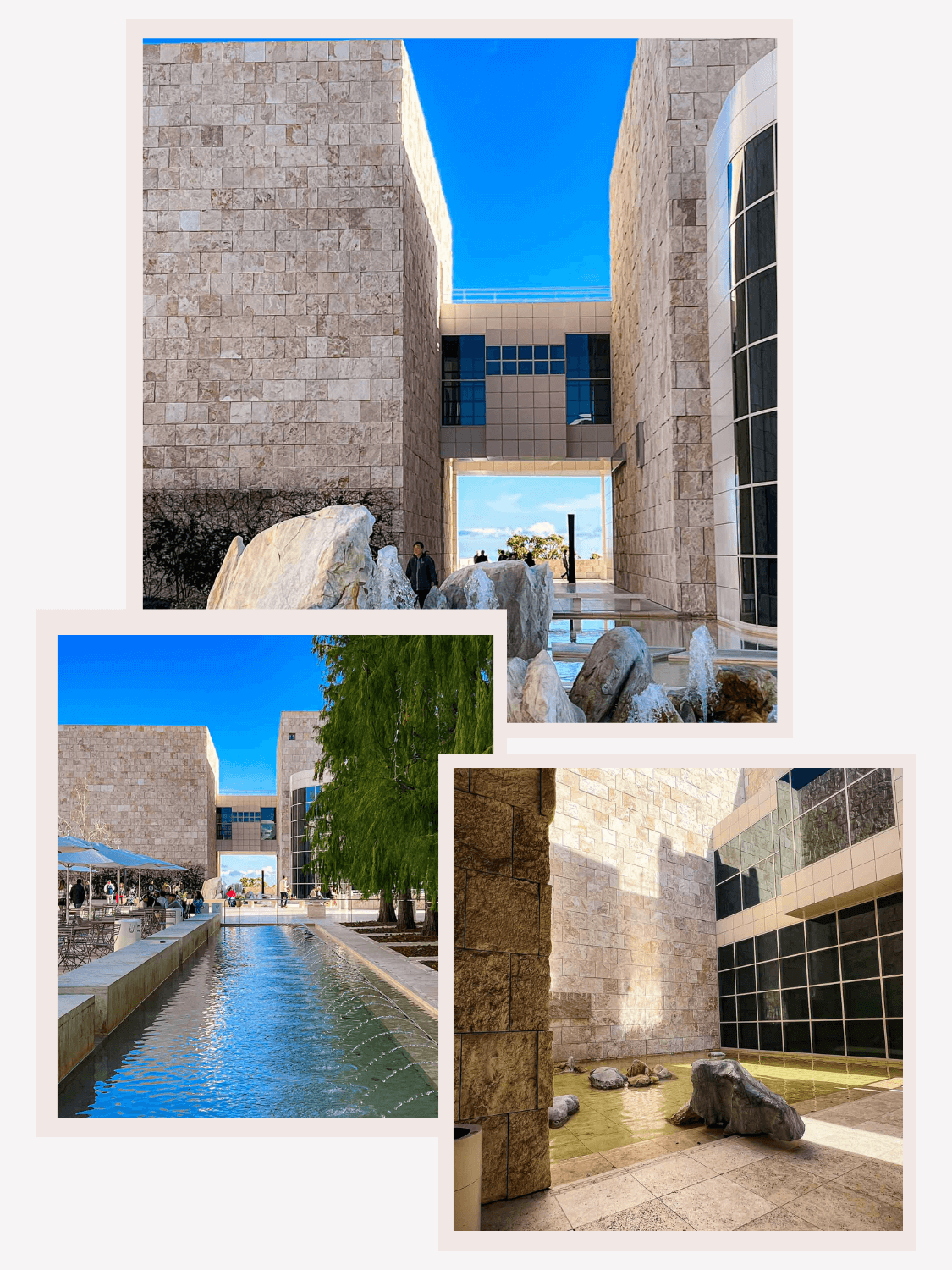 The Getty Center courtyard is a serene open space surrounded by the museum’s sleek white buildings, with tranquil fountains and lush greenery adding to the atmosphere.