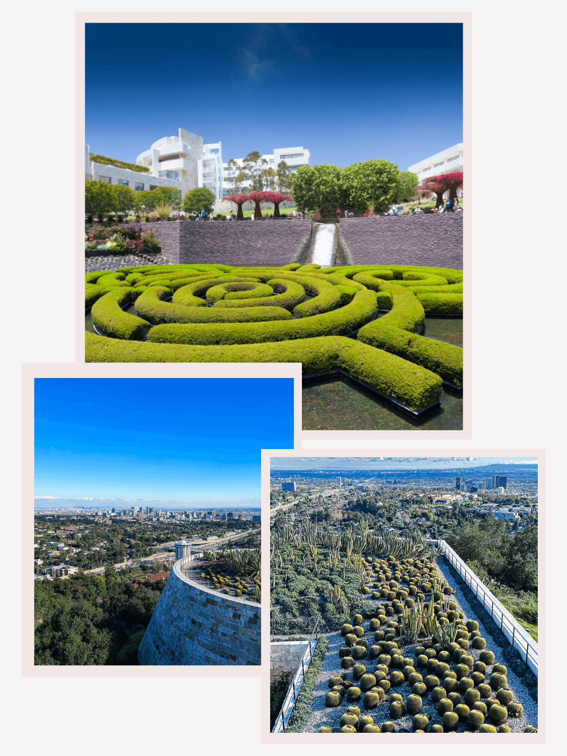 The Getty Center’s central garden, designed by artist Robert Irwin, is a living sculpture, constantly evolving with seasonal changes, green topiary hedges and succulents.