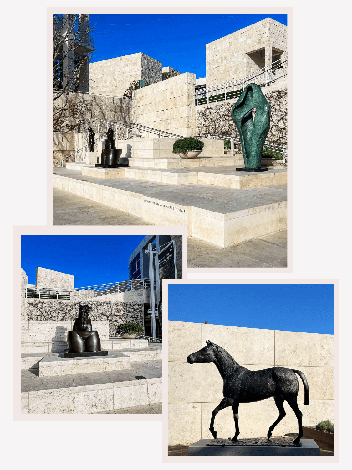 The Getty Center’s outdoor terrace offers breathtaking views of the Santa Monica Mountains, with the modern Fran and Ray Stark Sculpture Terrace and Gardens culptures dotting the landscape.