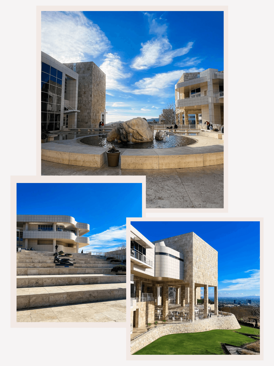 The Getty Center’s iconic white stone buildings, designed by Richard Meier, shine against the backdrop of rolling hills and blue skies. Visit the Getty Center.