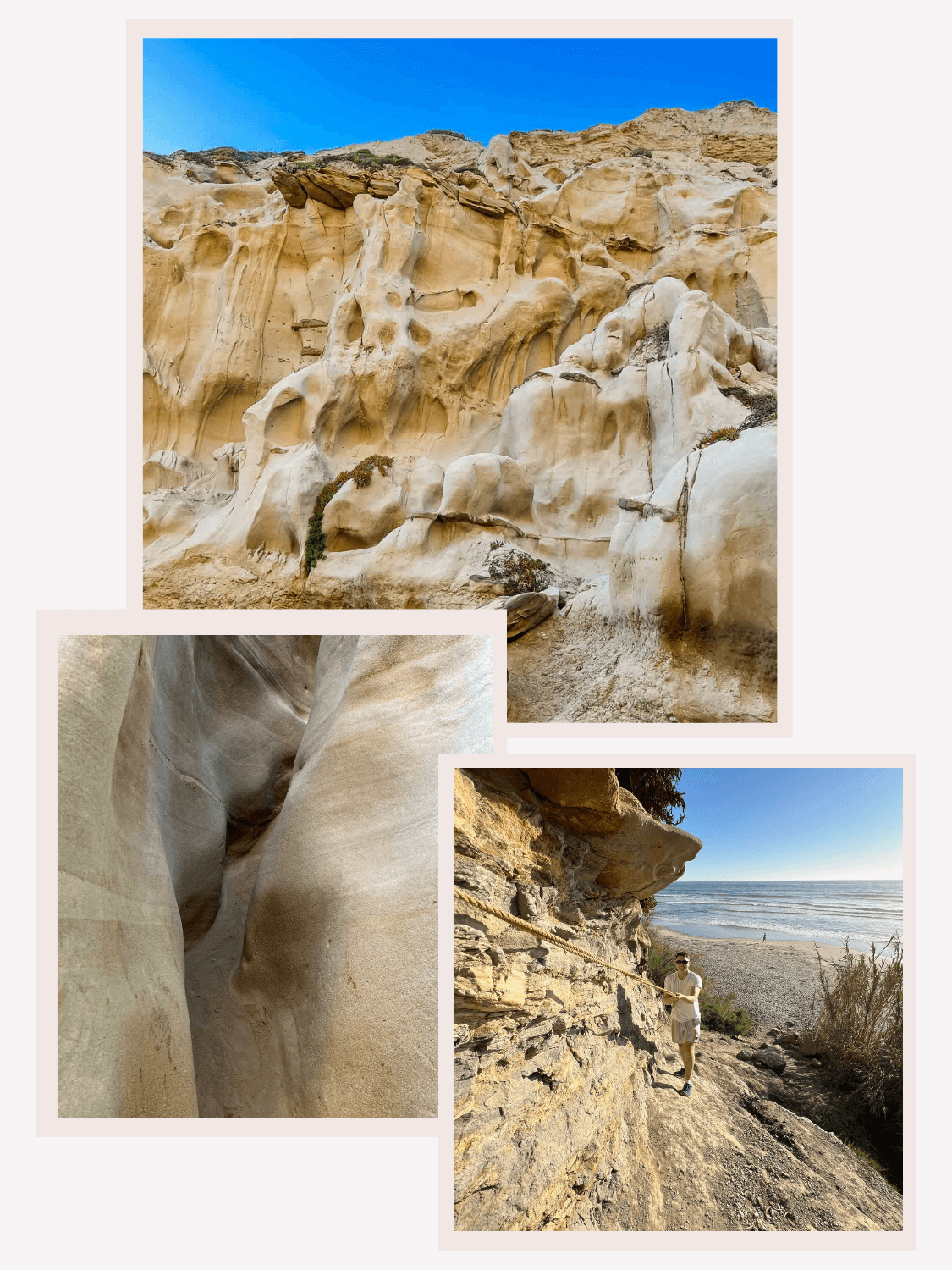 Rugged sandstone formations along the Ho Chi Minh Trail La Jolla Slot Canyon under a clear blue sky - collage