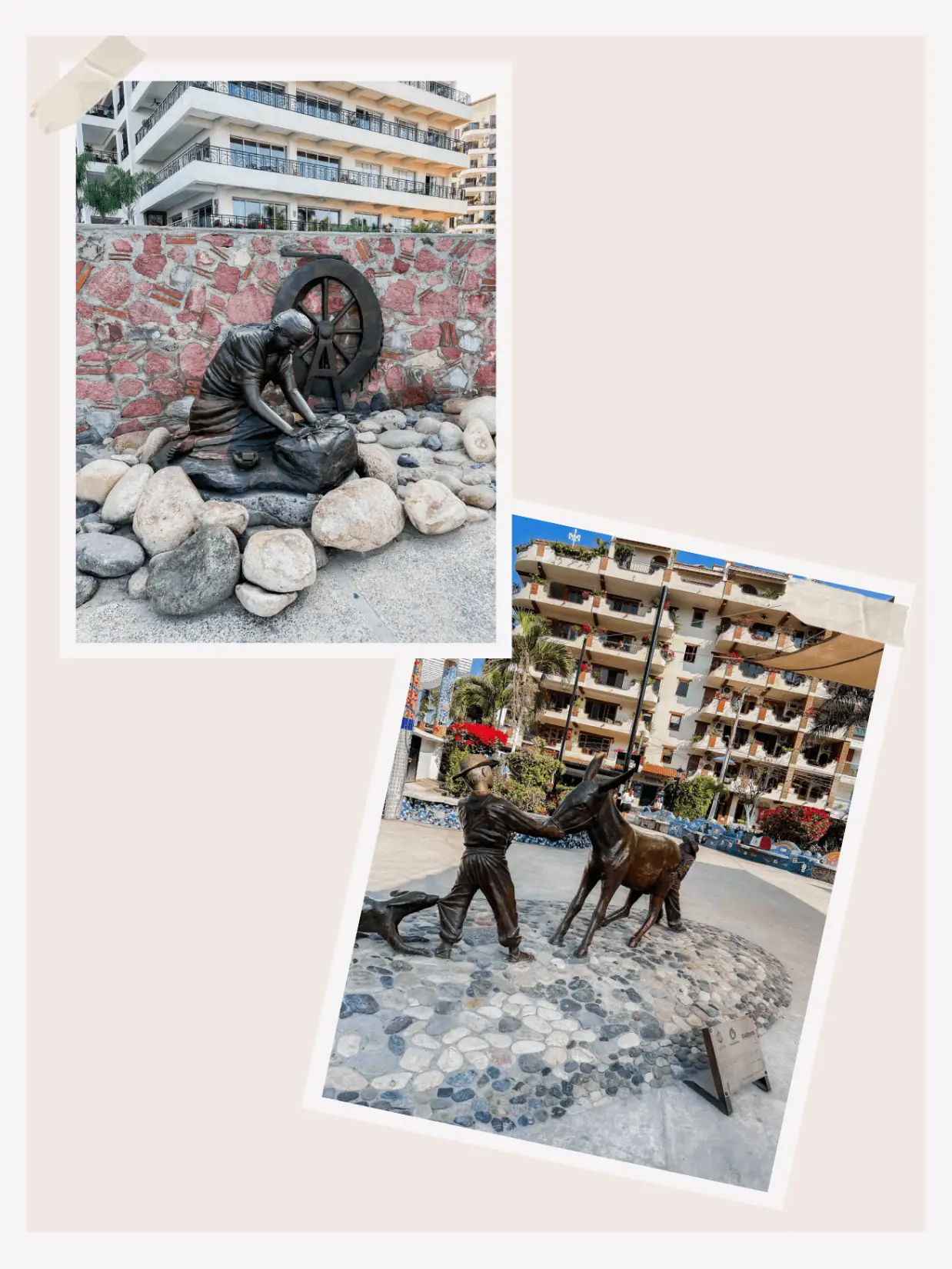 Estatua de la Lavandera"  "Laundry Woman Statue," "Estatua de Burro" "Donkey Statue